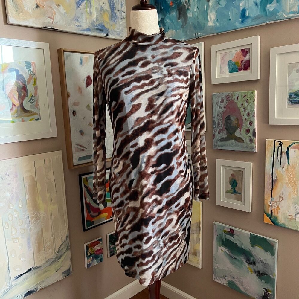bar‎ iii Abstract Mesh Y2K Mini Dress Long Sleeve Going Out Animal Print Size M